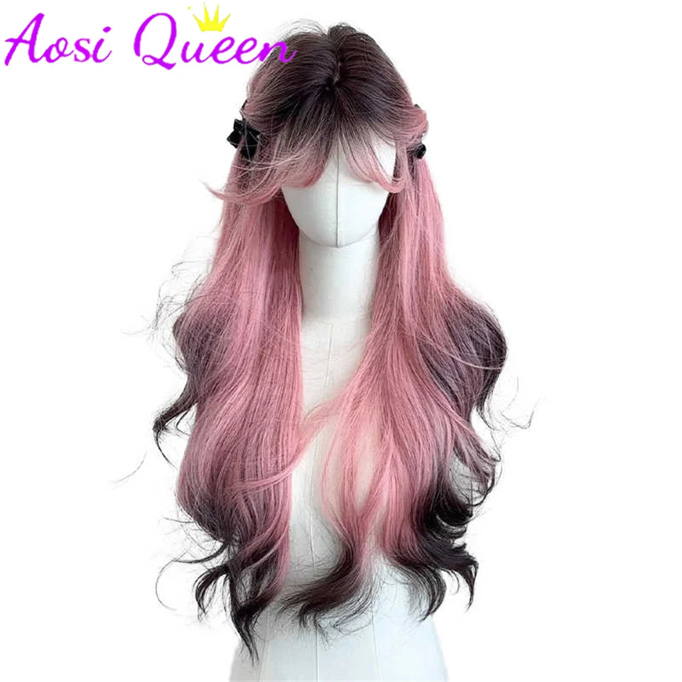 AosiQueen Black Pink Ombre Long Wavy Synthetic Wig with Bangs for Cosplay