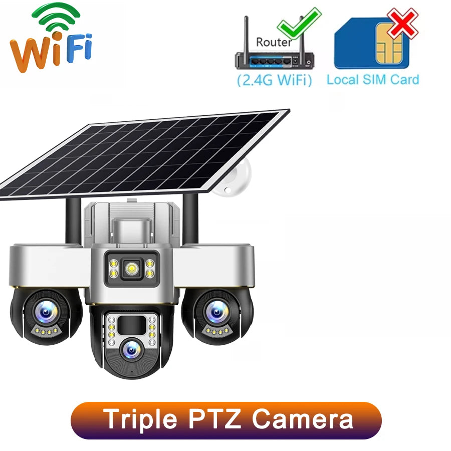 15MP WIFI Three PTZ Solar Camera Three screen PIR Human Tracking Security CCTV Surveillance IP Camera PTZ control for all 3 Lens WIFI Cam No Card