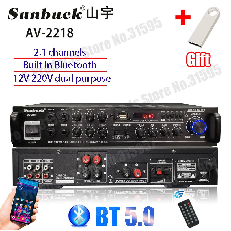 🟠 AV2218/326BT ενισχυτής ήχου Bluetooth για το σπίτι CAR KAAREOKE Ψηφιακό στερεοφωνικό ήχο ενίσχυση FM USB SD 4 MIC είσοδος MAX 4000W