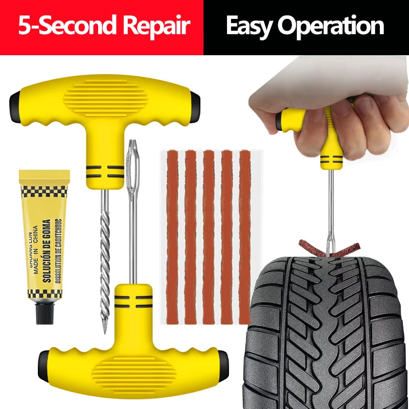 Bil Däck Reparationsverktyg Kit Med Gummistreck Och Lim, Punkteringspluggar, Metall Underhållsset