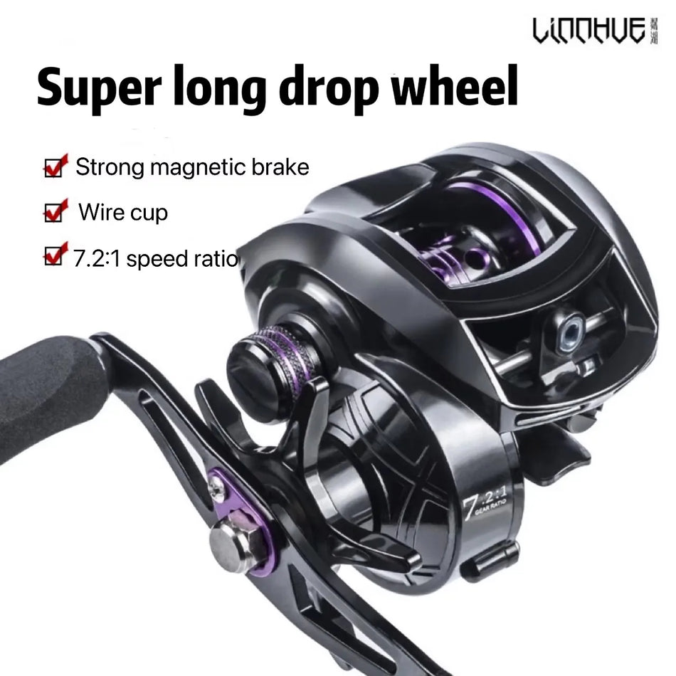 Carretel de Pesca Metálico Ambidestro com Engrenagem 7.2:1, Lançamento Longo para Isco