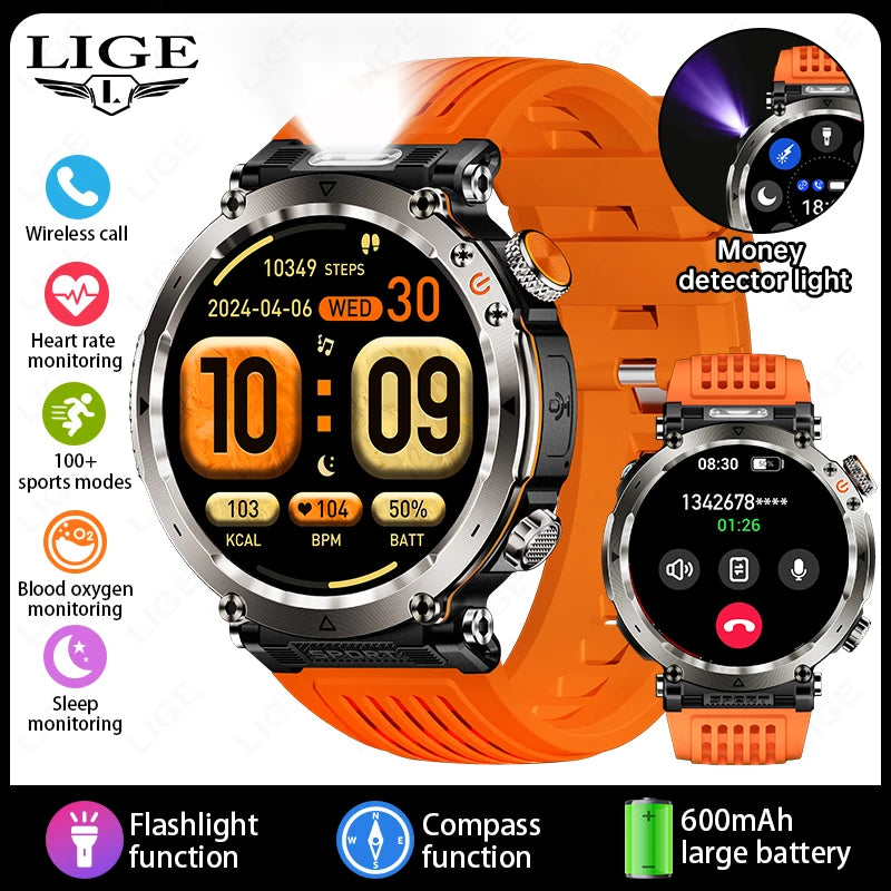 Outdoor Smart Watch Men LED Flashlight &ndash; Long Battery Life orange