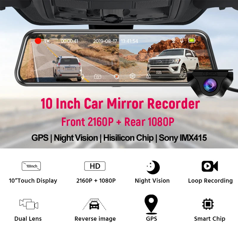 ACCEO A37P 4K Dash Cam Rearview Mirror &ndash; 10 Inch Touch
