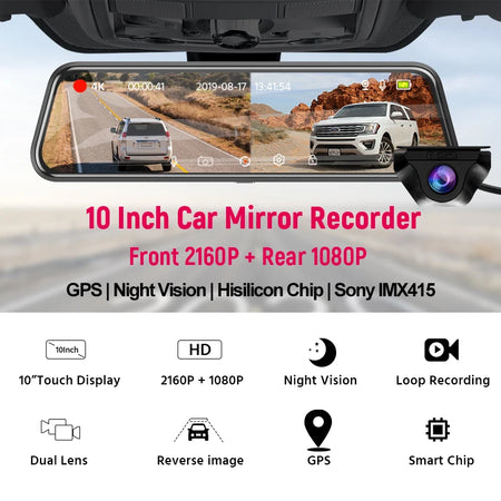 ACCEO A37P 4K Dash Cam Rearview Mirror &ndash; 10 Inch Touch