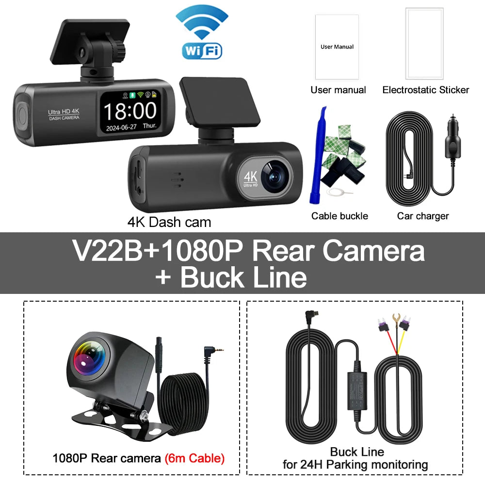 UHD 4K Dash Cam Dual Lens &ndash; Built-In WiFi and GPS for 24-Hour Parking Monitoring V22B-6M RCC-BL / 64G
