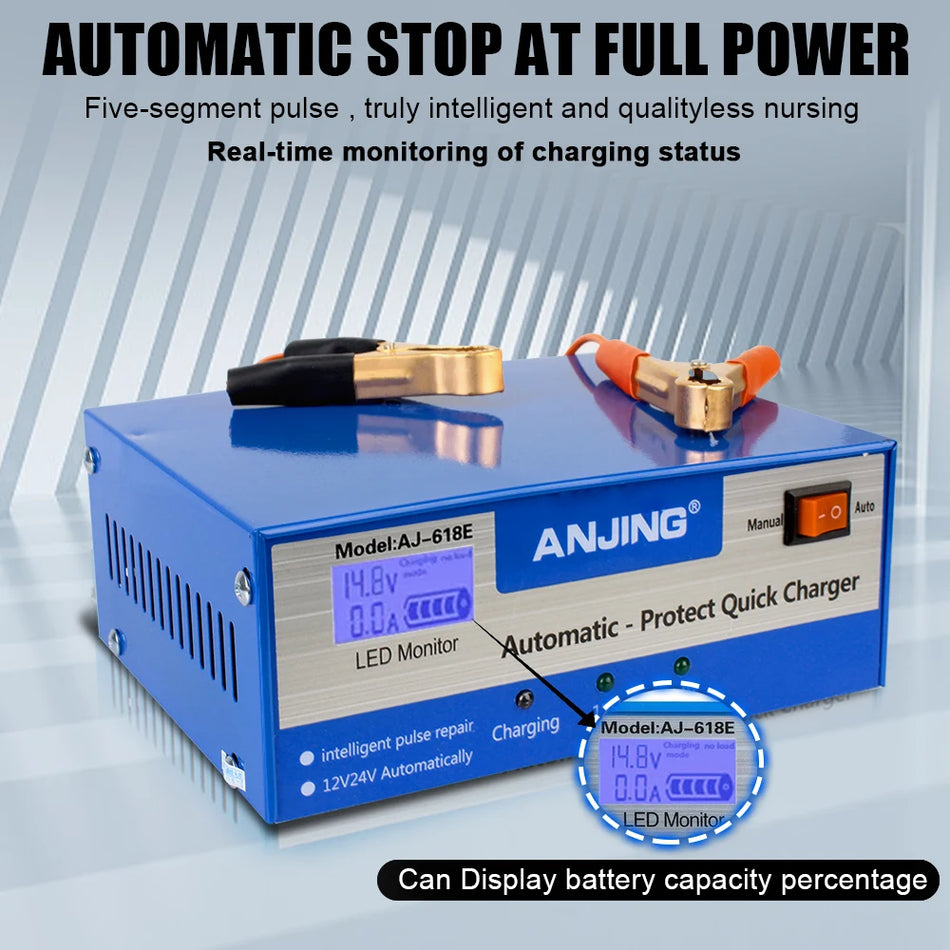 Universal 12V/24V Lead-Acid Battery Charger with Smart Pulse Repair, EU US Plug