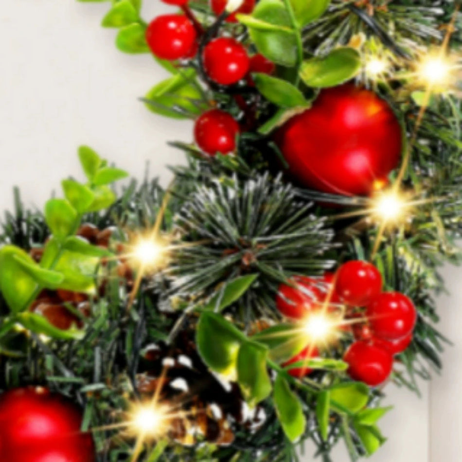 Elegant Red Christmas Wreath with LED Lights, PVC Fruit Decor for Window, Door, and Wall