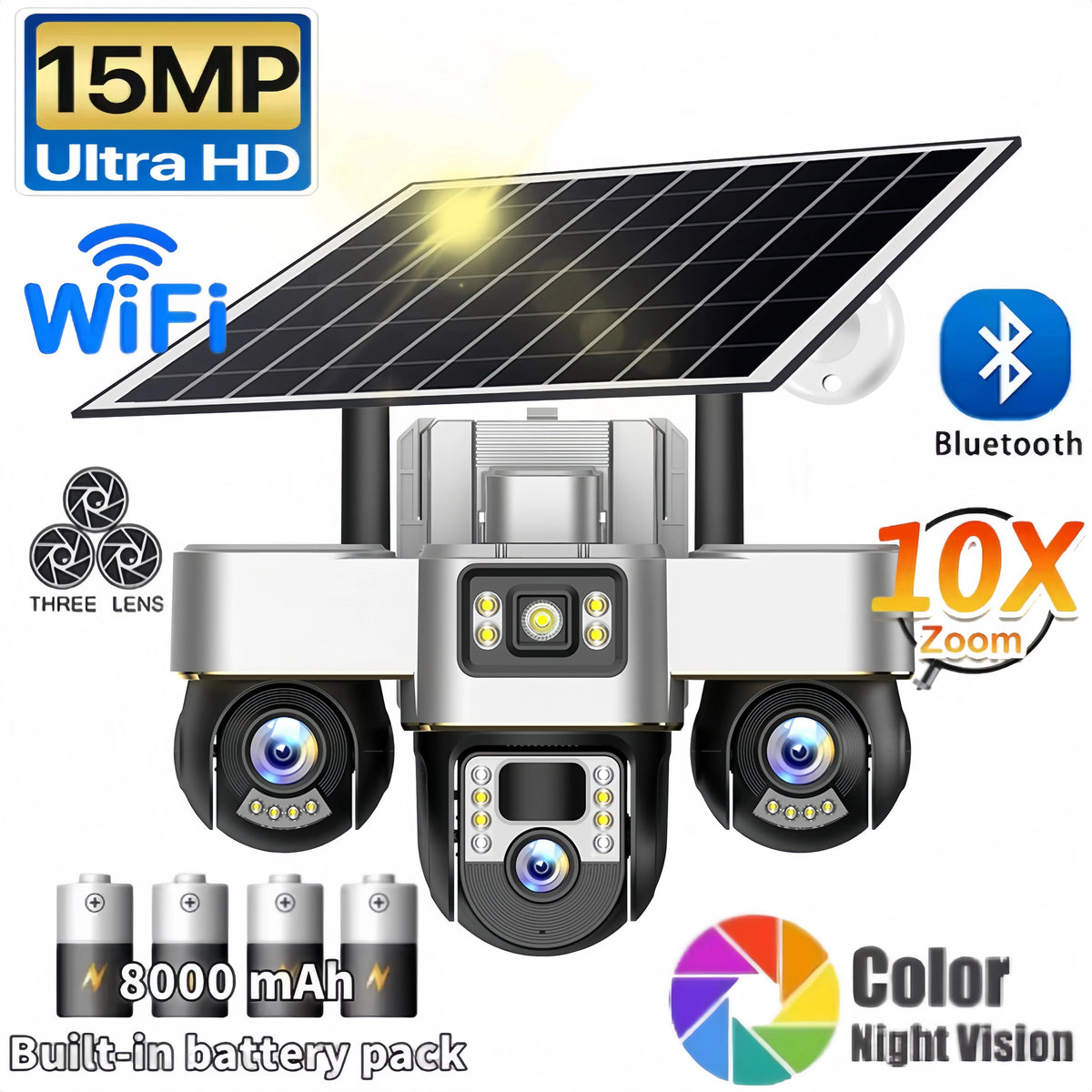V380 Pro WIFI Three PTZs Lens Solar Camera 15MP Outdoor Waterproof CCTV Mobile Tracking IP Cam Night Vision Two-Way Audio Camera