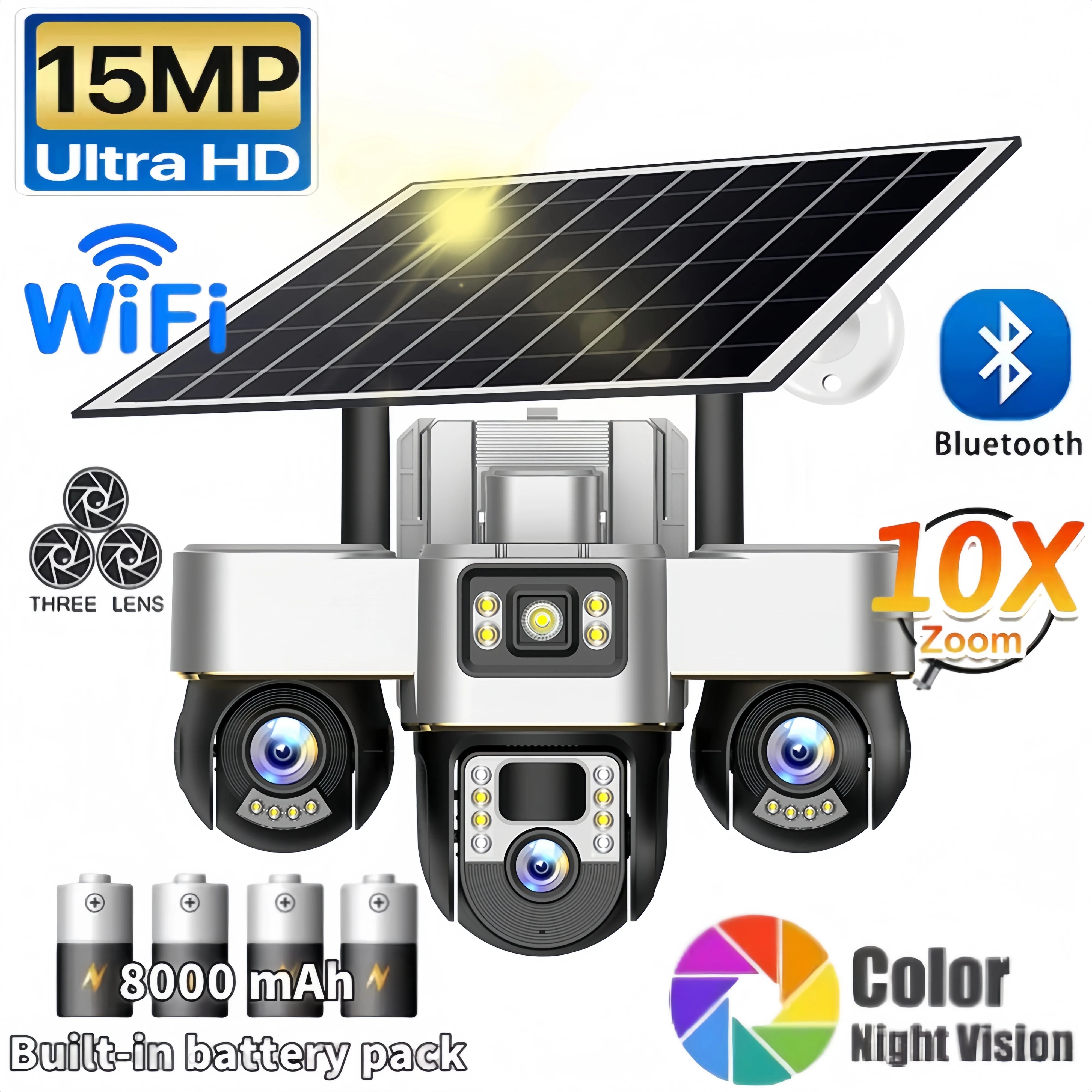V380 Pro WIFI Three PTZs Lens Solar Camera 15MP Outdoor Waterproof CCTV Mobile Tracking IP Cam Night Vision Two-Way Audio Camera