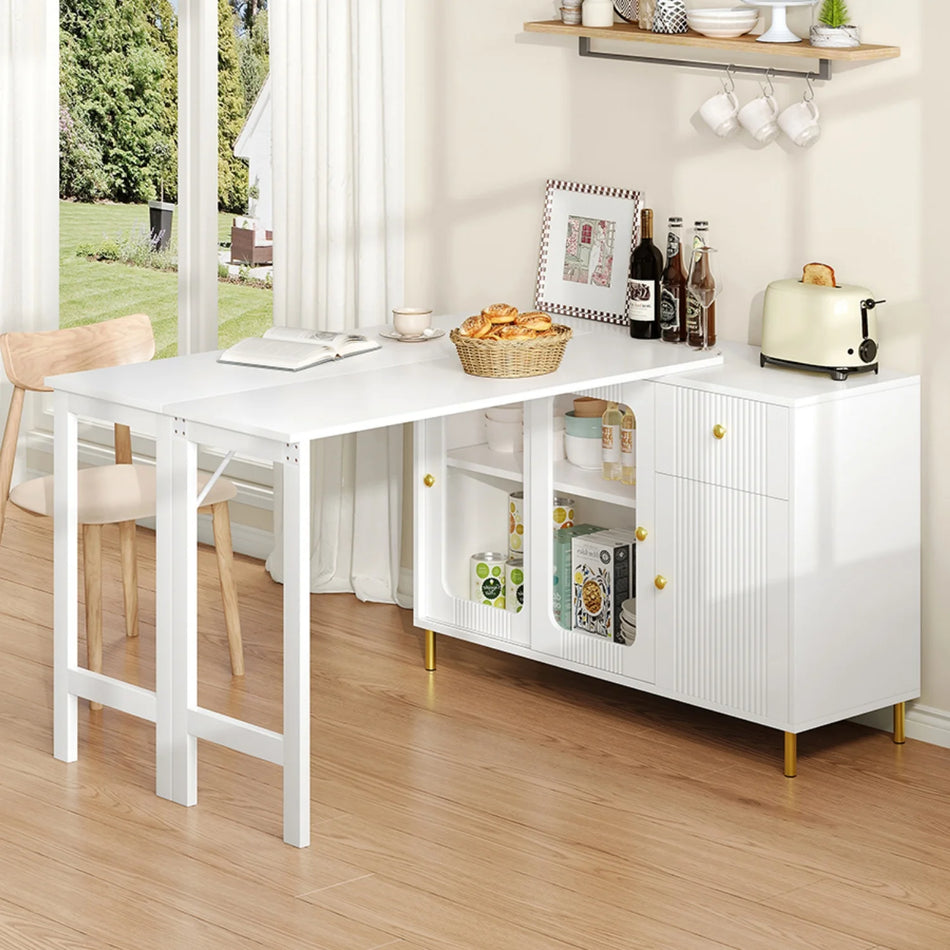 Hvid Buffet Skab Med Foldbart Bord Og Glasdøre