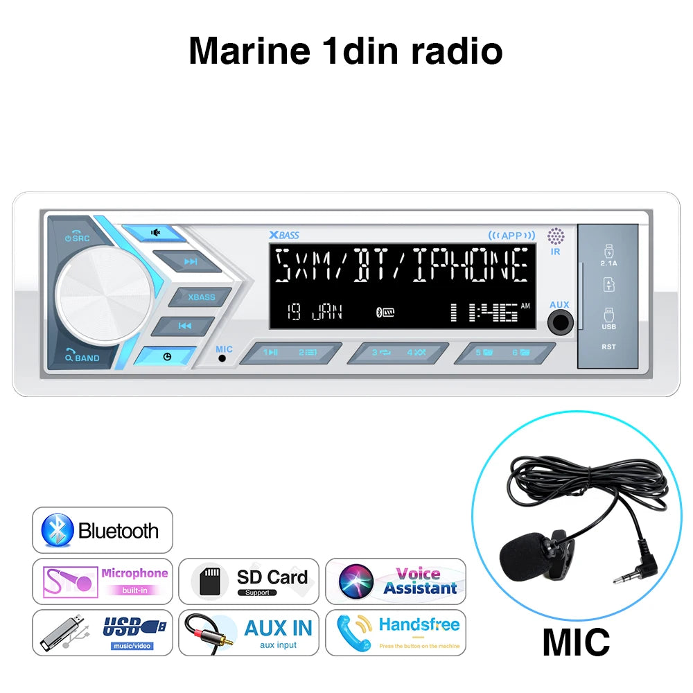 AKAMATE 1Din Boat Radio - Bluetooth USB AUX Marine Stereo radio mic