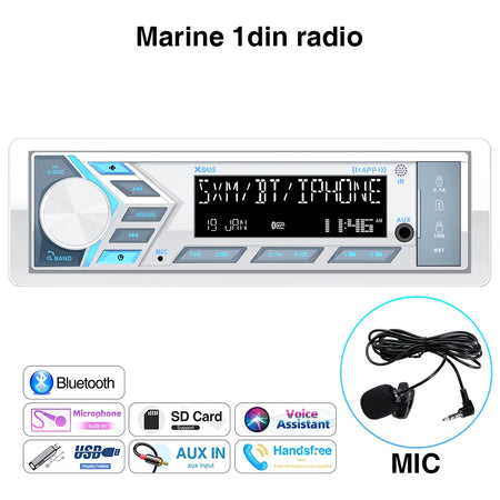 AKAMATE 1Din Boat Radio - Bluetooth USB AUX Marine Stereo radio mic
