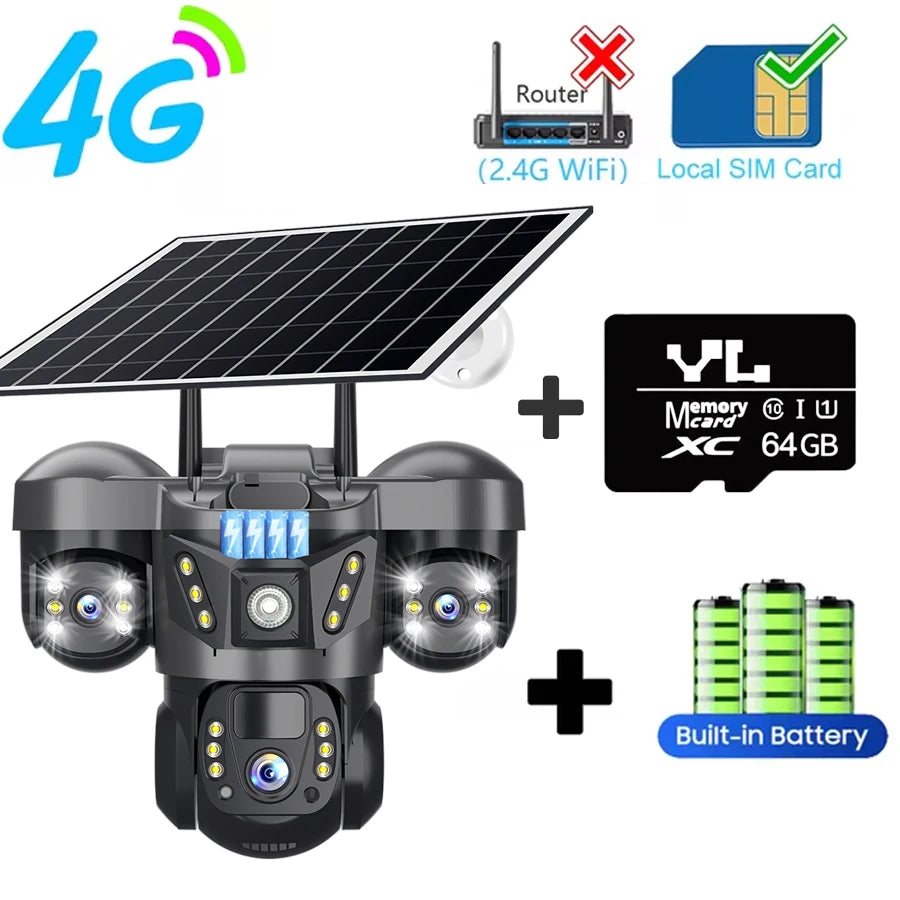V380 Pro 15 MP Solar Camera Three Lens Two-way Audio Outdoor IP66 Waterproof Built-in Battery Security CCTV HD 4G Network Camera 4G Cam Add 64G Card