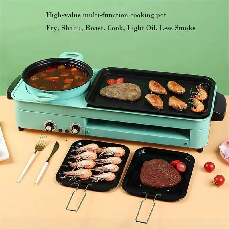 3 In 1 Smokeless Electric Grill With Nonstick Pan Hot Pot