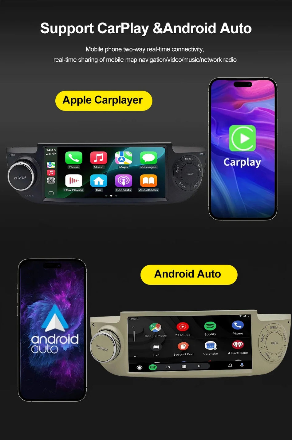 Android 15 Radio Samochodowe do Fiata 500 (2007-2015) 6.86 Calowy Ekran Dotykowy Bezprzewodowy CarPlay Nawigacja GPS WiFi Bluetooth