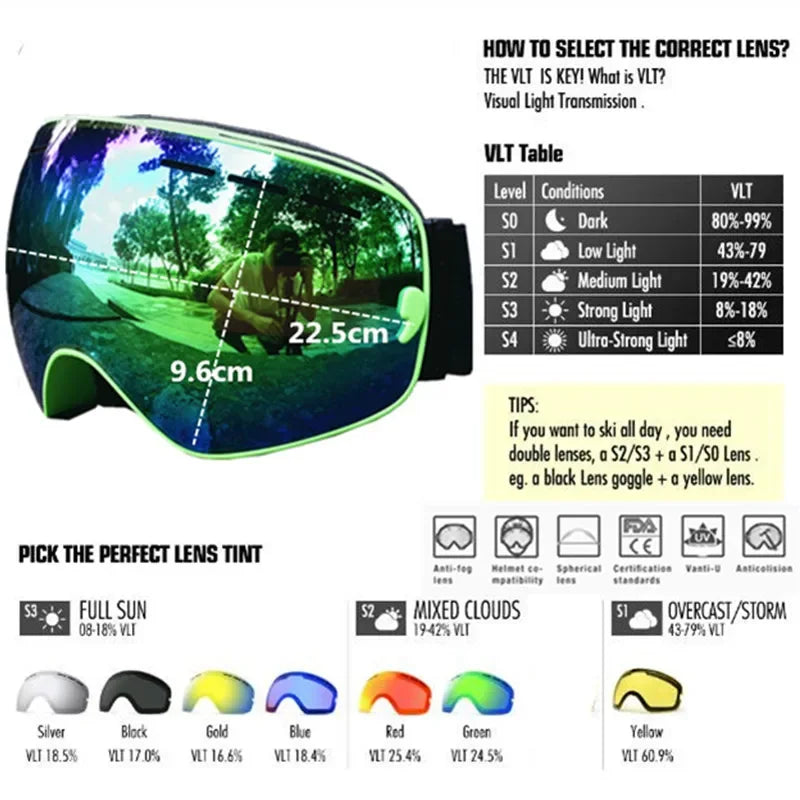 AFS-3100 Ski Snowboard Goggles &ndash; Wide Angle Anti-Fog UV400
