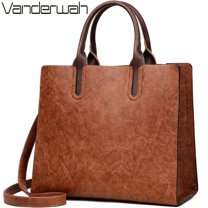 Vintage Oil Skin Leather Tote for Women, Large Casual Shoulder Bag with Zipper, Interior Pockets