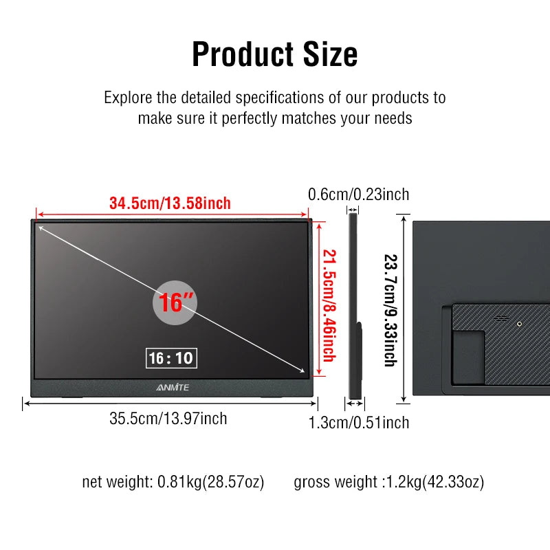 Anmite 16-Inch Portable Touch Monitor &ndash; 1200P HDR with Low Blue Light