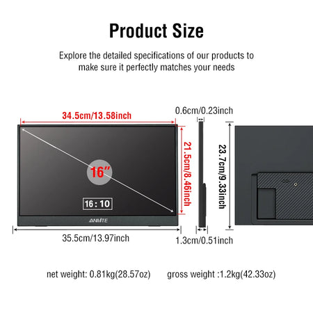 Anmite 16-Inch Portable Touch Monitor &ndash; 1200P HDR with Low Blue Light