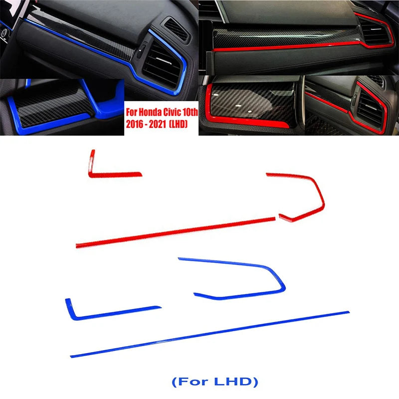 Priekinės panelės apdailos lipdukas Honda Civic 10-osios kartos ABS plastiko 3 dalių rinkinys raudonos arba mėlynos spalvos