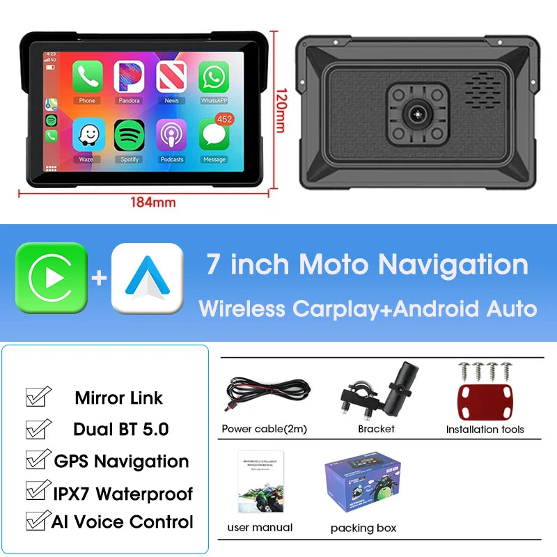 Jansite 5 Inch Portable CarPlay Motorcycle DVR &ndash; IPX7 Waterproof LCD Display 7 inch Carplay