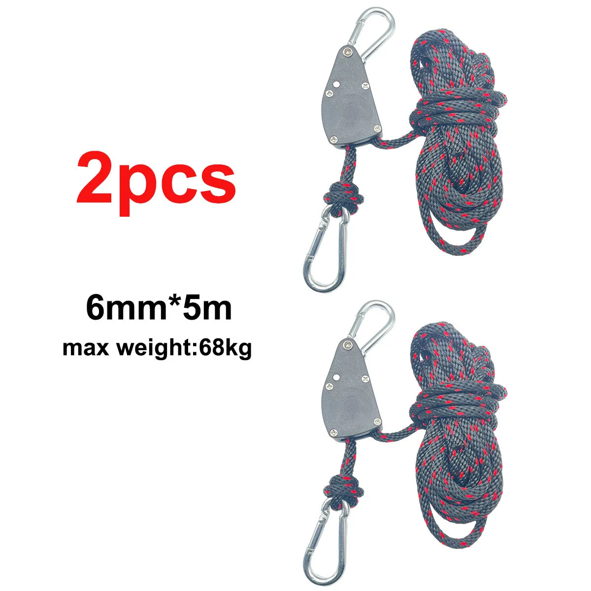 Heavy Duty 6mm 5m Camping Tent Tie Down Rope with Pulley and Hooks (2pcs) 5m 2pcs / CHINA