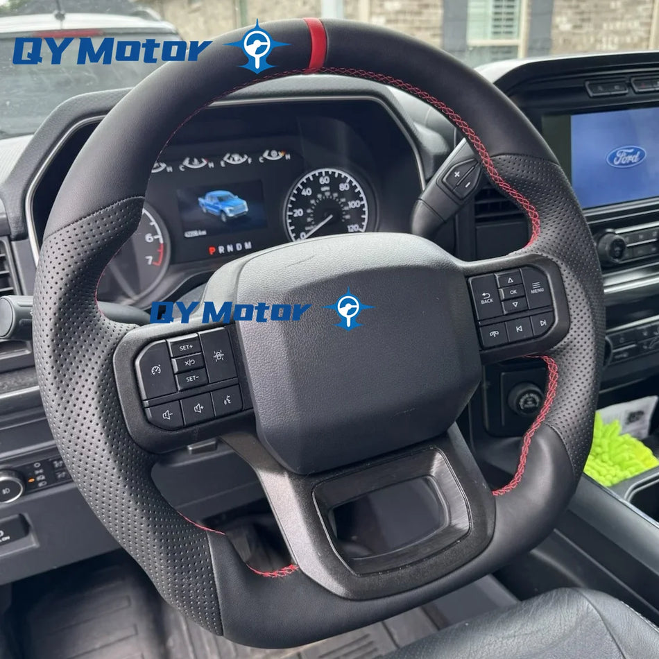 Ford Raptor F150 Steering Wheel, Full Leather, Perforated Black With Red Stitch