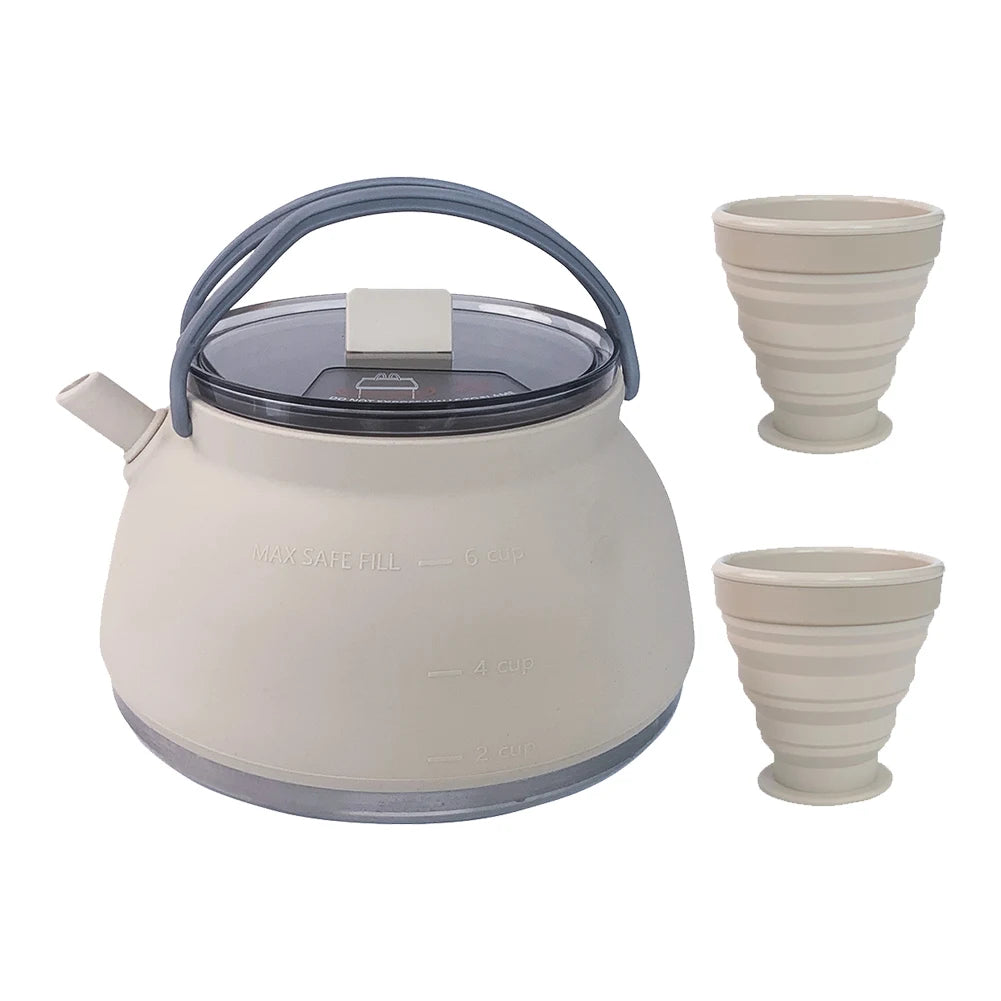 1.5L Outdoor Folding Silicone Kettle - Portable &amp; Collapsible for Travel Khaki Kettle and Cup