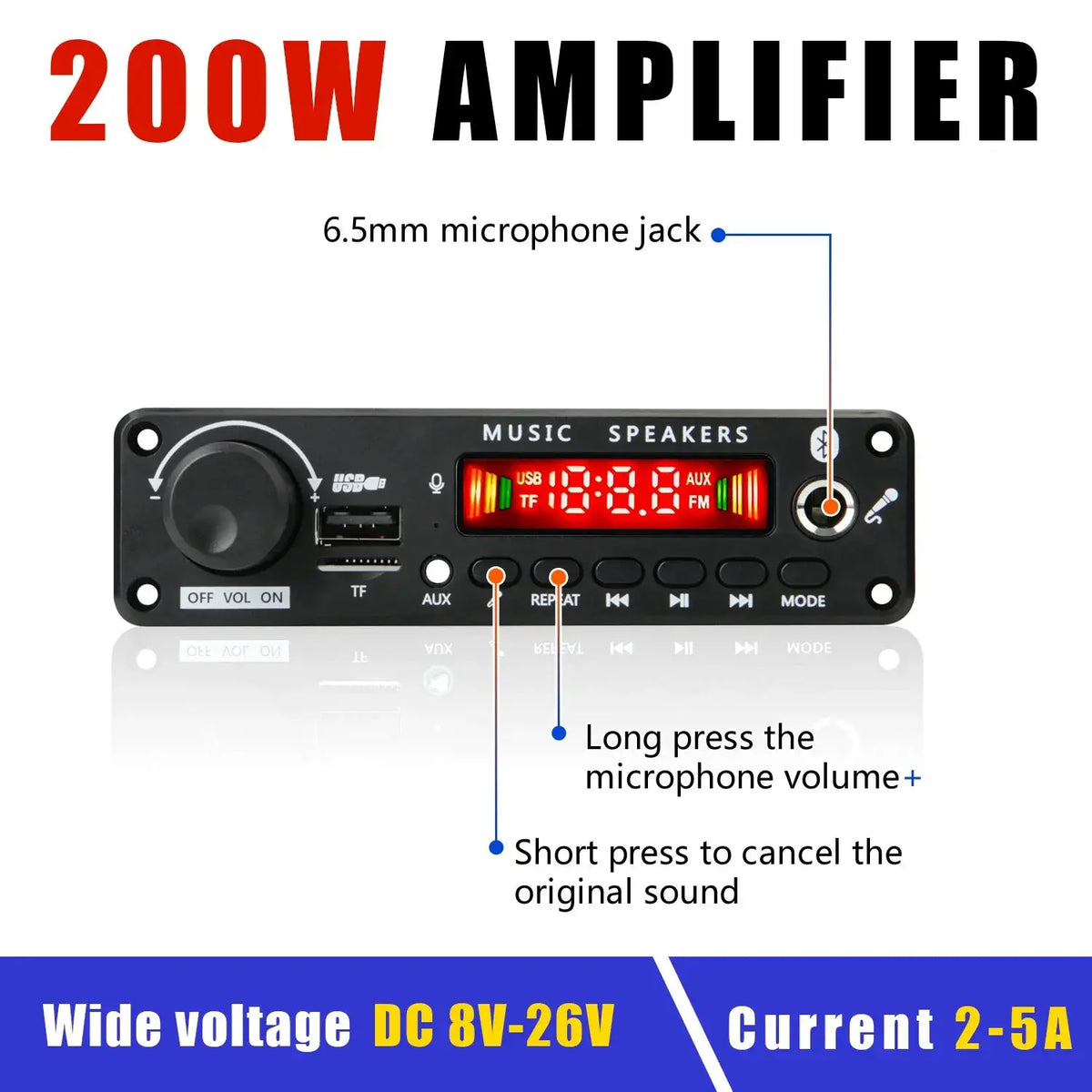 KEBIDUMEI 200W Amplifier Bluetooth MP3 WMA APE Decoder Board DC 12V Wireless Car USB MP3 Player TF Card Slot USB FM with 6.5 Mic by InterCyprus Trading Ltd