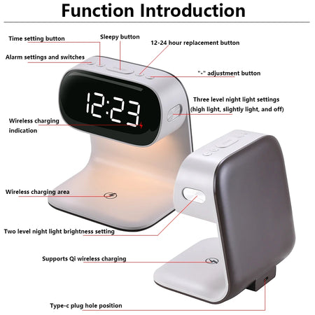LED Night Light Alarm Clock &ndash; Wireless Charging &amp; Mood Light