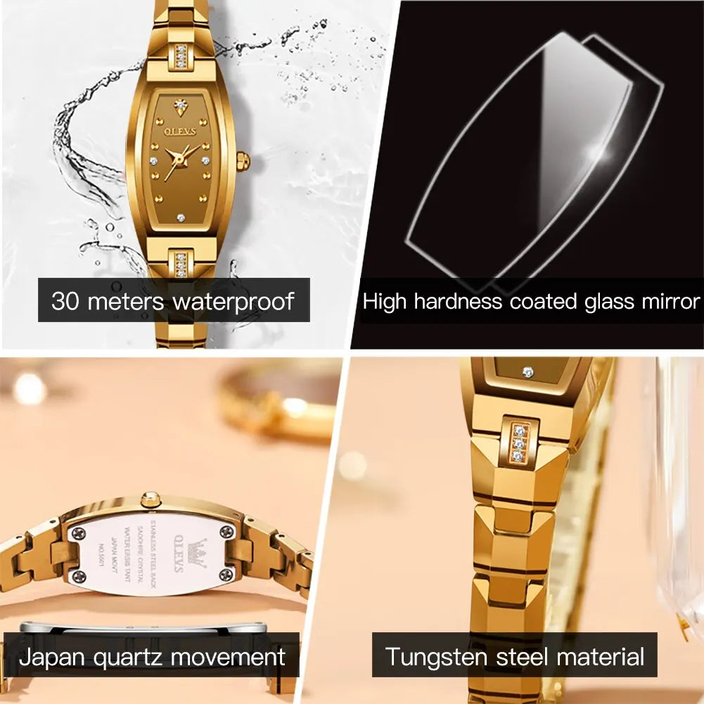 OLEVS Elegant Diamond Quartz Watch for Women with Tonneau Tungsten Steel Band