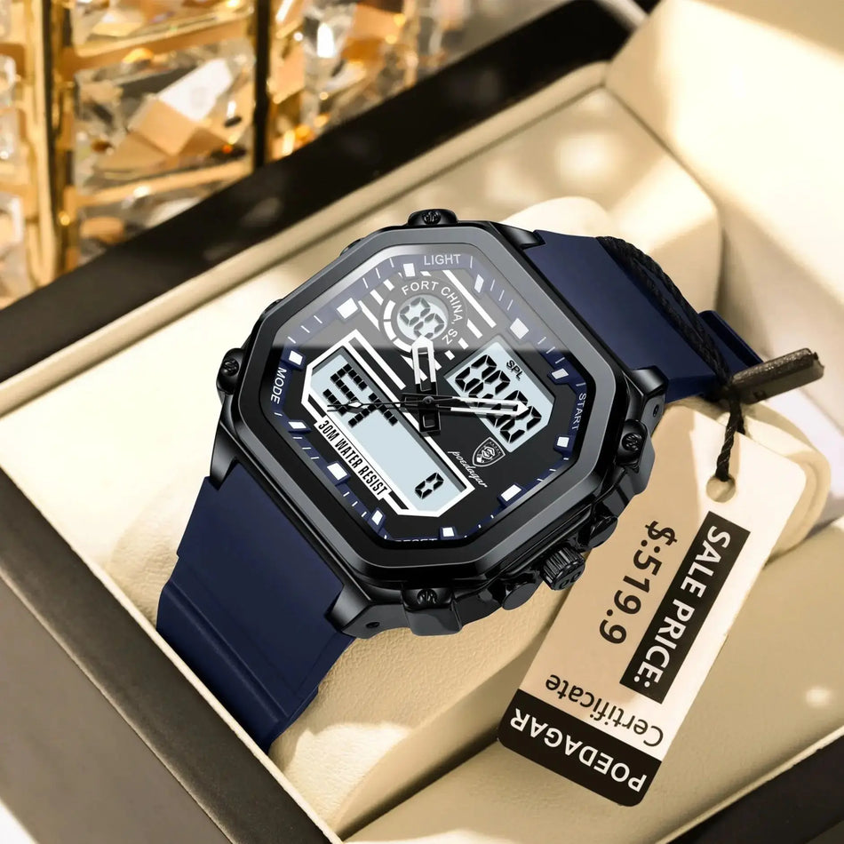 Waterdichte LED Herenhorloge Met Luminous Wijzerplaat, Week Datum, Vierkante Siliconen Band