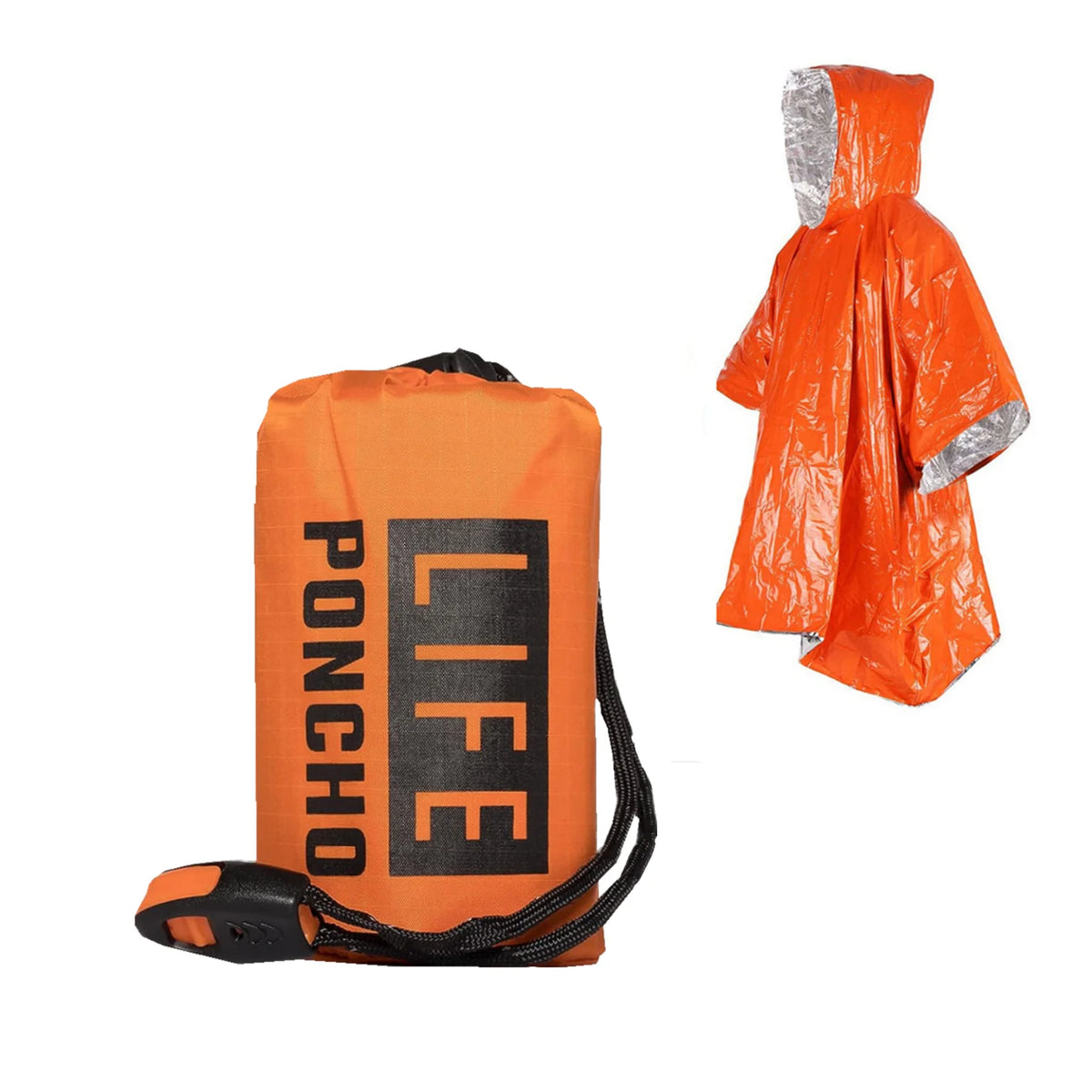 LIFE Emergency Thermal Rain Poncho with Space Blanket and Whistle Orange