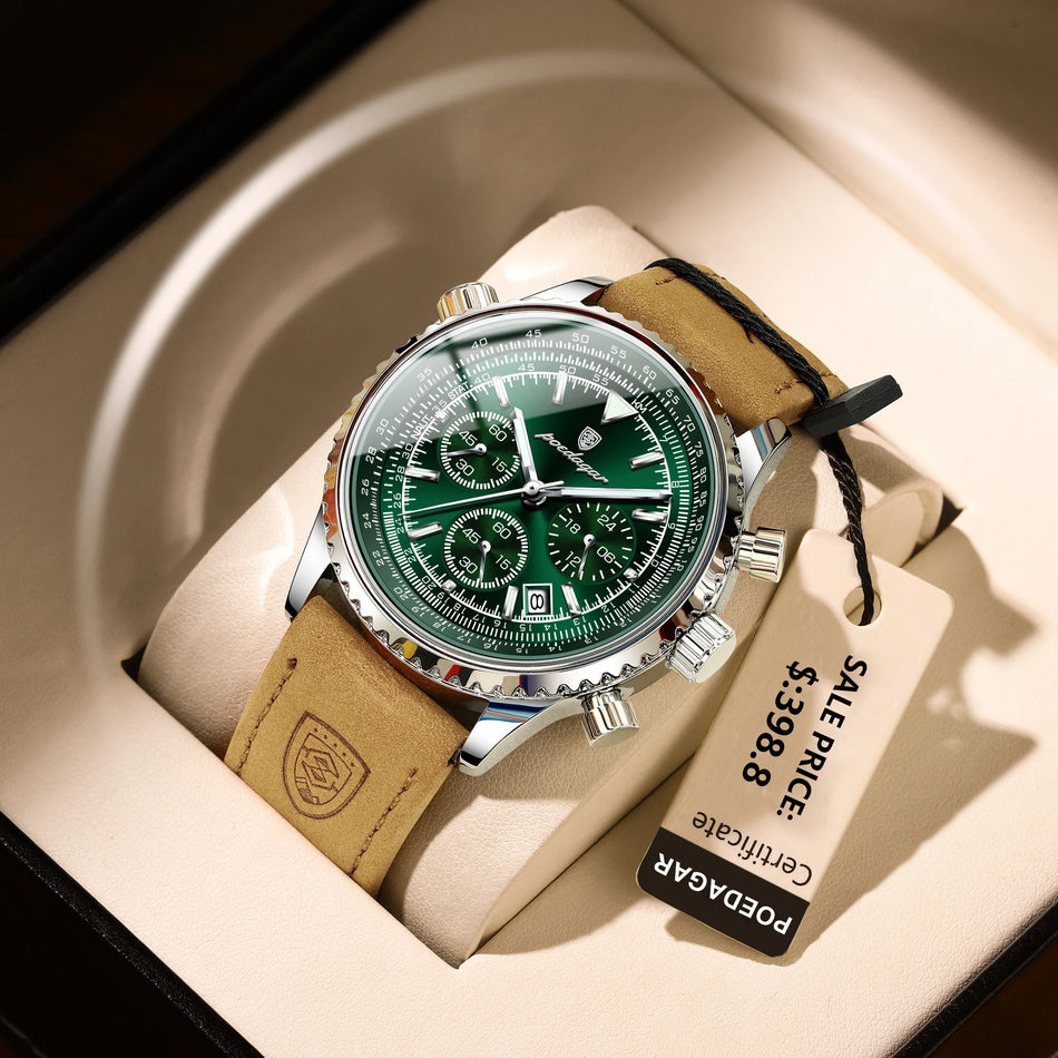 Luxury Men's Leather Chronograph Quartz Watch, Waterproof, Luminous, 40mm