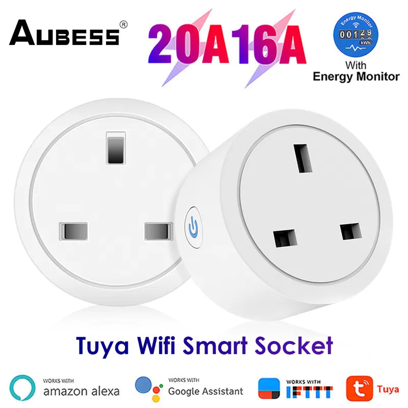 Aubess WiFi Smart Plug Tuya 16A/20A UK Smart Socket With Power Monitoring Timing Function Voice Control Via Alexa Google Home