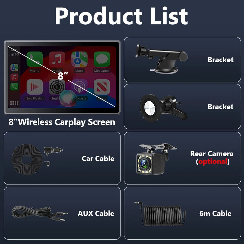 Universal 8 Inch Portable Car Screen - Wireless CarPlay