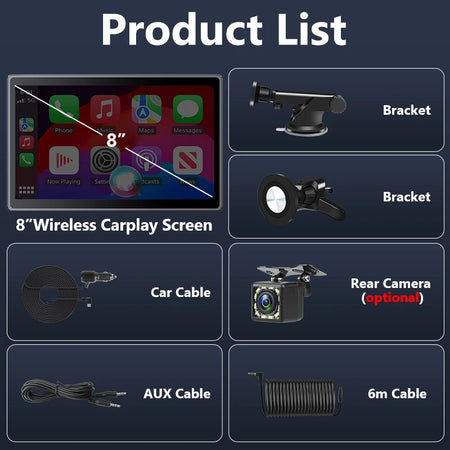 Universal 8 Inch Portable Car Screen - Wireless CarPlay