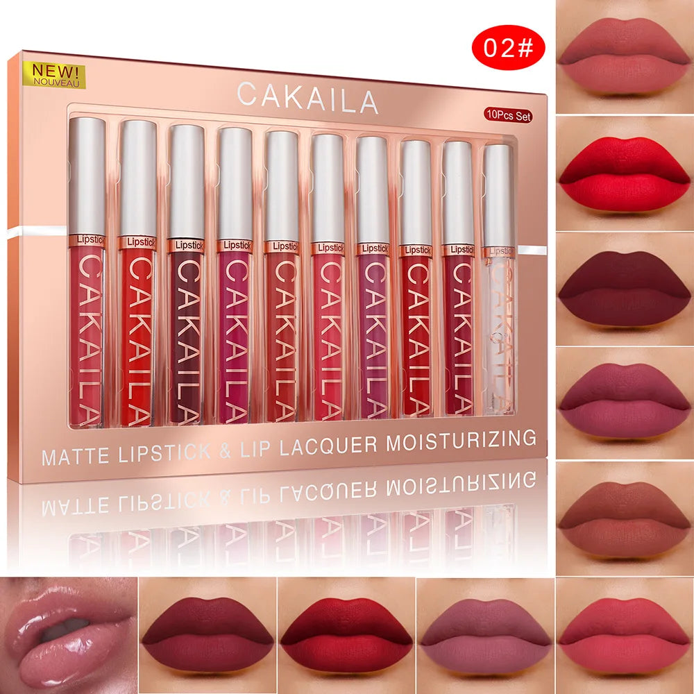 CAKAILA 10pcs Nude Liquid Lipstick Set - Waterproof &amp; Long-lasting 25449-02
