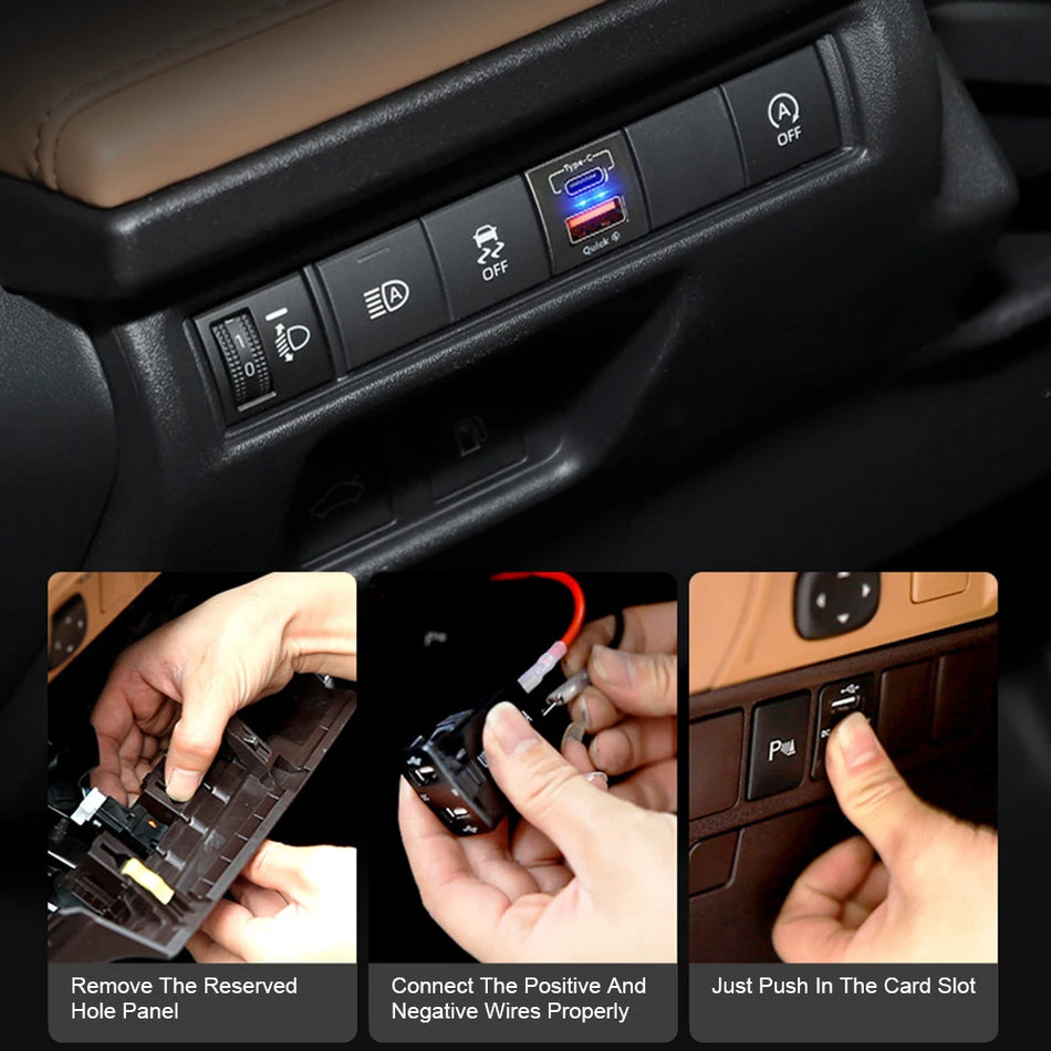 Auton virtapistoke Toyota 12V 24V kojelaudassa, jossa 2 USB-C QC 3.0-porttia kestävä rakenne