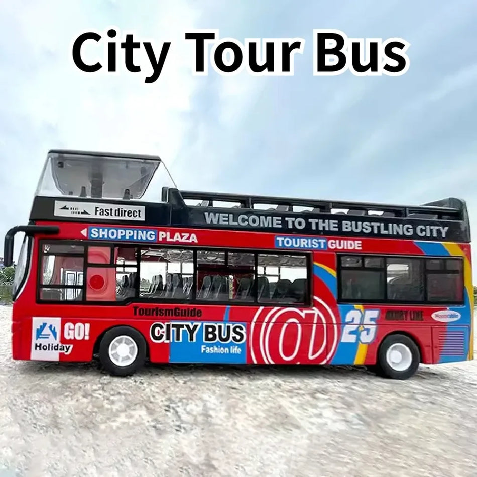 Model avtobusa na dvojnem nivoju 1:32 iz diecast materiala s zvokom in lučmi, potegni nazaj.