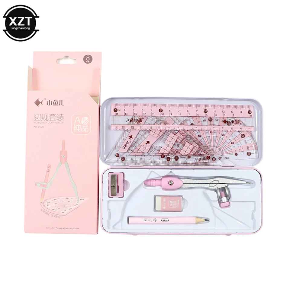 8Pcs Ruler Compass Pencil Set for Maths Drawing