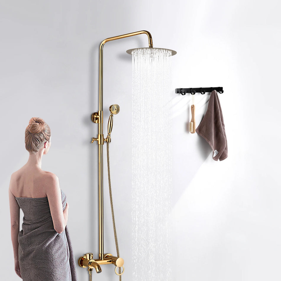 Ducha de mano montada en la pared con altura ajustable y acabado dorado