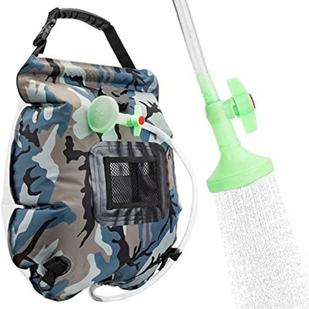 Solar Shower Bag 20L Outdoor Camping - Heats to 45&deg;C, Includes Hose &amp; Shower Head Camouflage