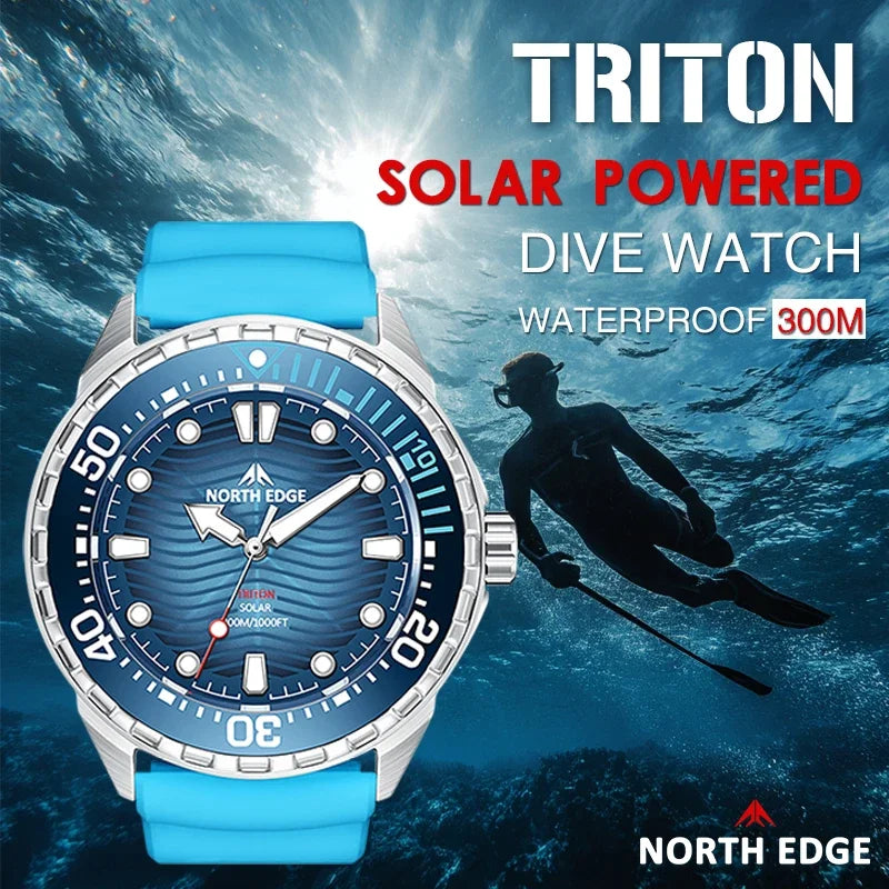 NORTH EDGE TRITON Solar Powered Luxury Diving Watch - 300M Waterproof Quartz