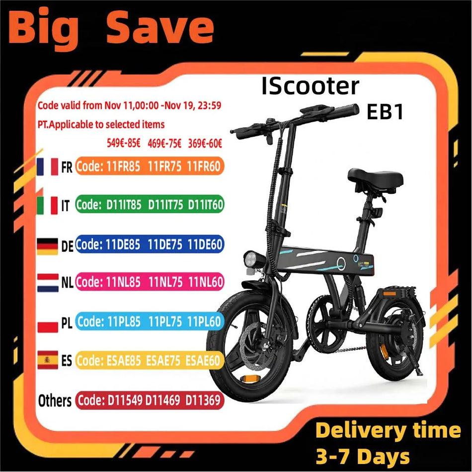 IScooter EB1 Ηλεκτρικό Ποδήλατο Αναδιπλούμενο 350W 36V Λιθίου Μπαταρία 14-Ιντσών