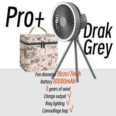 2025 10000mAh Camping Fan &ndash; Rechargeable Portable LED Pro Grey with BAG