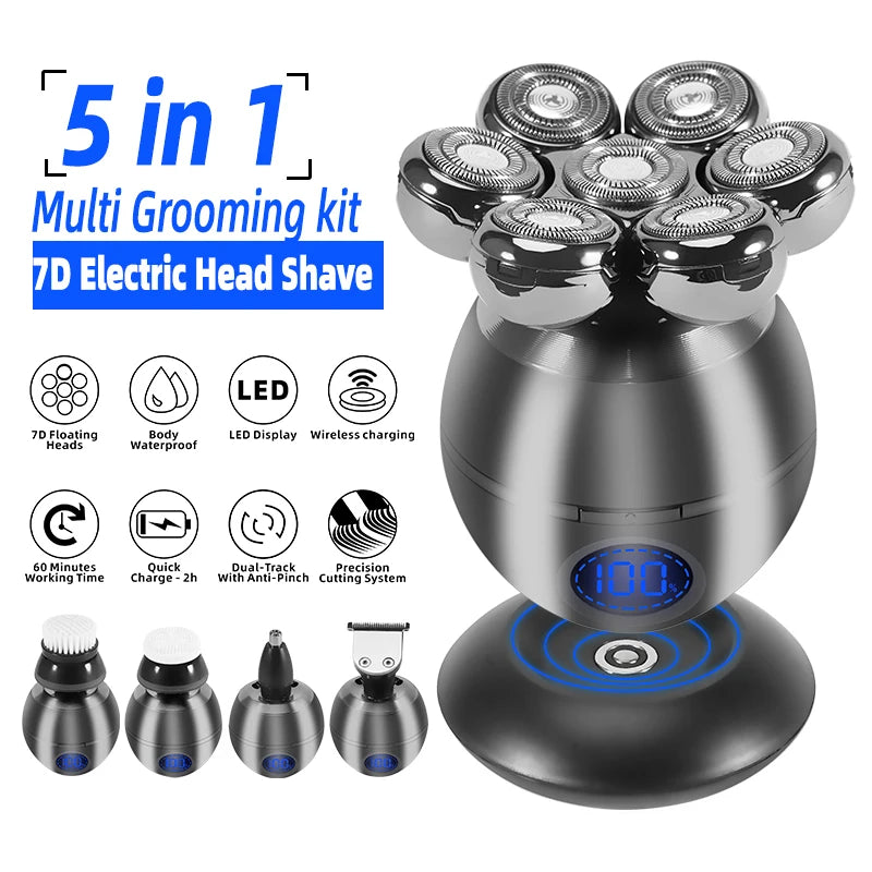 5-in-1 Waterproof Electric Head Shaver for Bald Men with Floating Cutter and Grooming Attachments