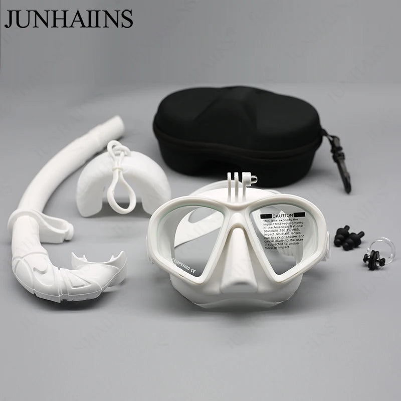 Wet GoPro Mount Diving Mask &amp; Snorkel Set with Camera Mount - Low Volume, Tempered Glass White Mask Set GoPro