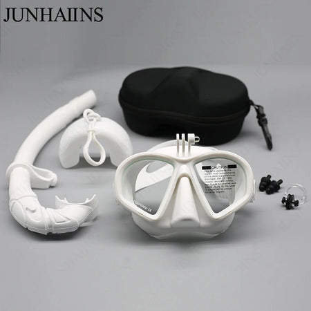 Wet GoPro Mount Diving Mask &amp; Snorkel Set with Camera Mount - Low Volume, Tempered Glass White Mask Set GoPro