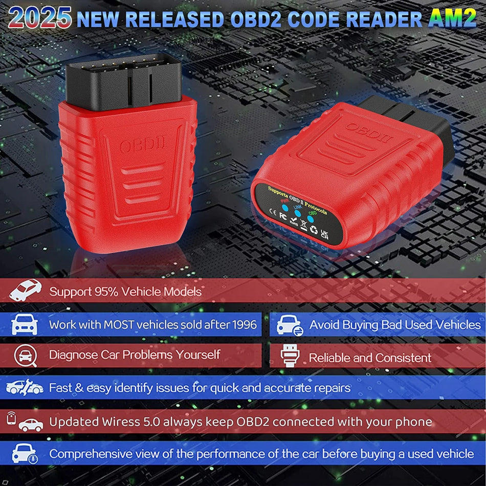 Lector de Códigos de Automóvil OBD2 Bluetooth 5.0 con Lectura y Borrado de Códigos de Fallo, Prueba de Batería